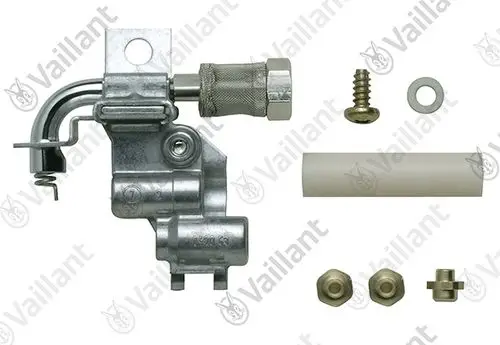 Vaillant Zündbrenner mit angeschlossenem Gasanschluss und Montagematerial. Enthält Schraube, Scheiben und weitere Verbindungsteile.